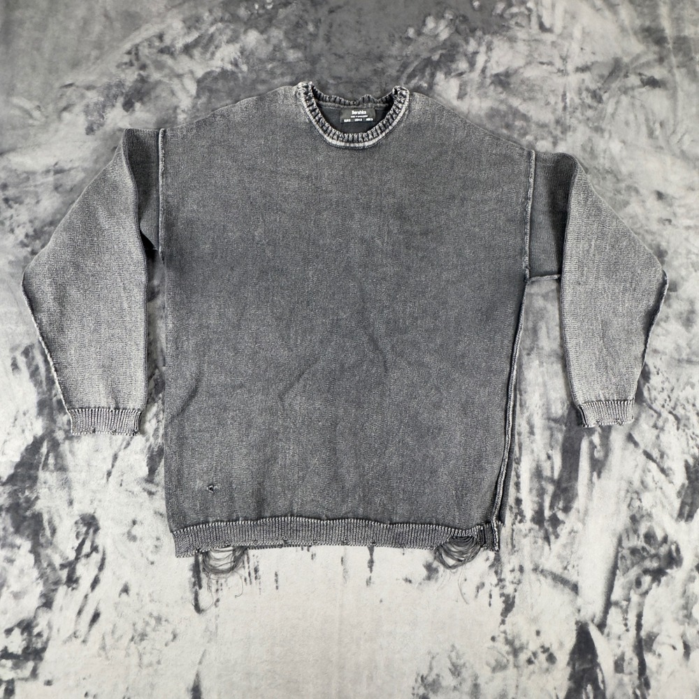 Bershka Sweater Mens S Grey Distressed Acid Wash Cotton Knit Long Sleeve Street